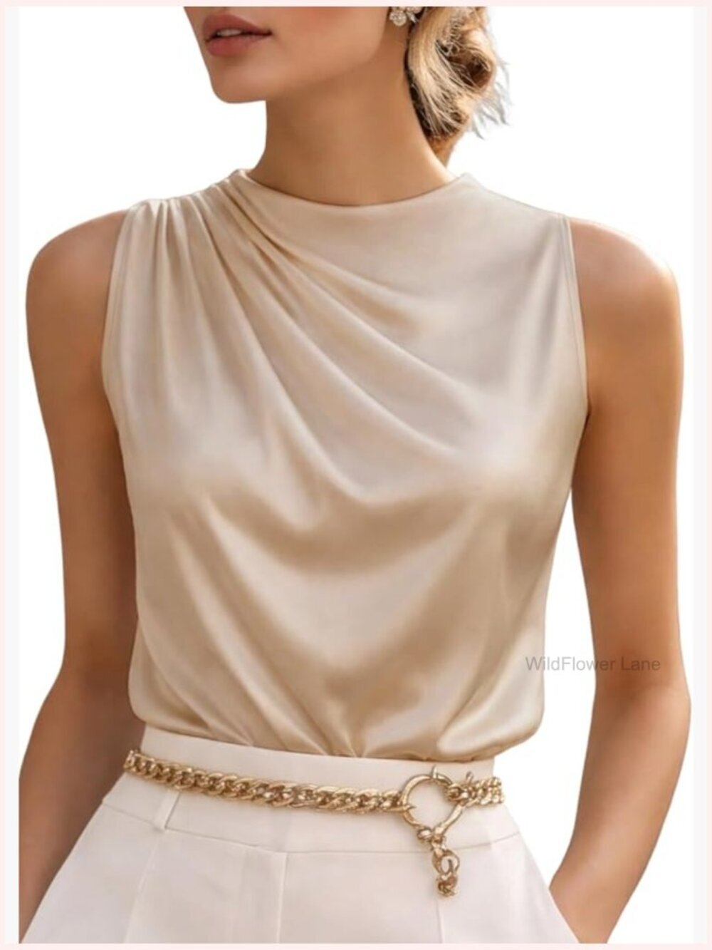 Satin Ruched Tank Top Sleeveless Business Work Blouse for Women